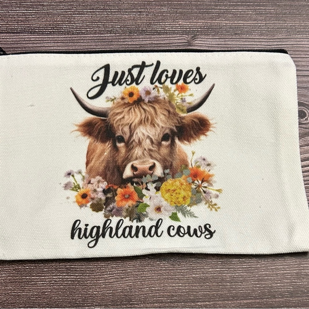 Highland Cow Floral Accent Makeup Pouch
